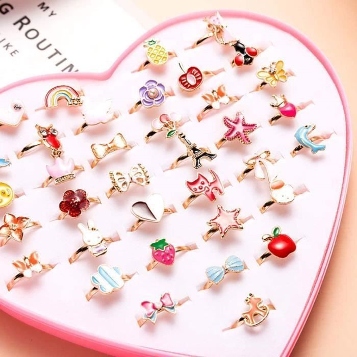 36 Pcs Bagues pour Enfants,Ensemble de Bagues Petites Filles avec Boîte De  Coeur Rose, Super Jolie et Belle Présentation pour Fille