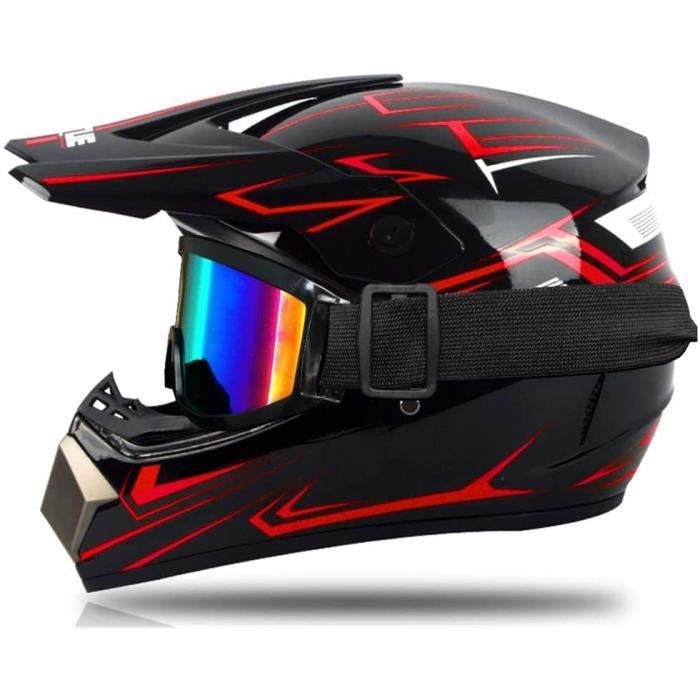 Casque de Moto Cross Enfant rouge et vert, Casque Intégral Moto Cross VTT avec Lunettes Gants, Convient pour Scooter Bicyclette (X