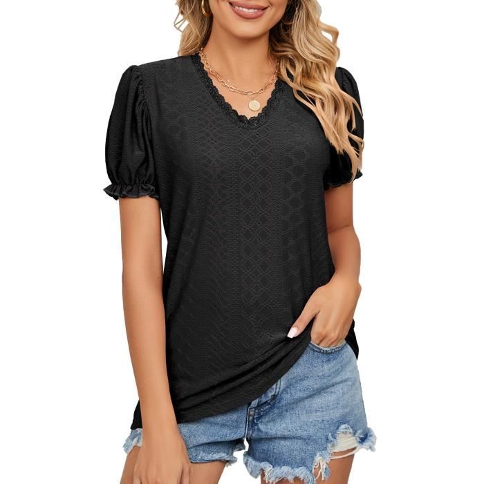 Generisch 2025 - Femmes Été Dentelle Col V Couleur Unie Élégante Chemise Mode Couleur Unie Élégant Chemisier Manches Courtes Confortable Doux T Aisselles, GN1., L