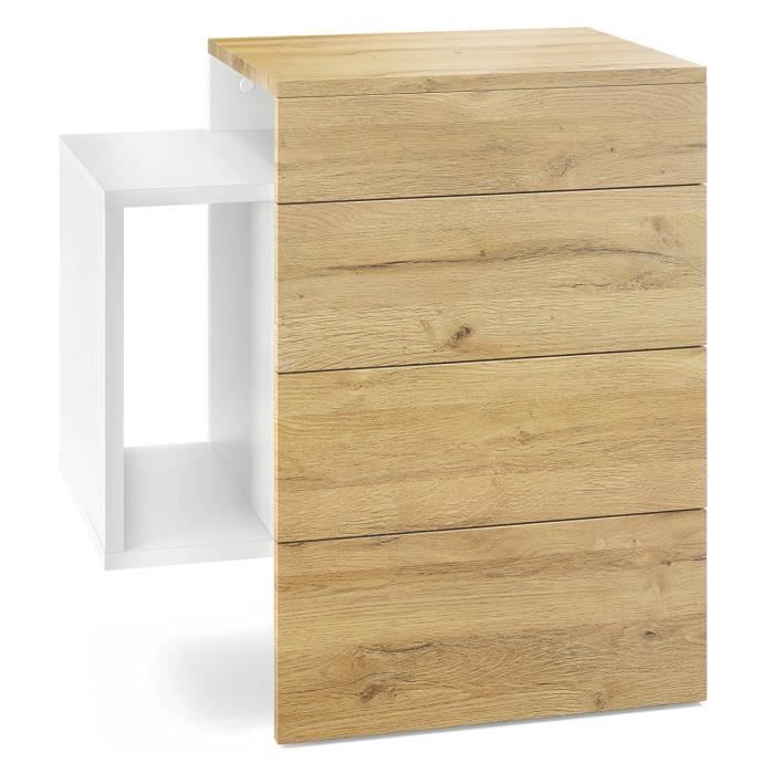table de chevet - mpc - blanc mat et aspect chêne nature - 1 compartiment latéral - 35 cm