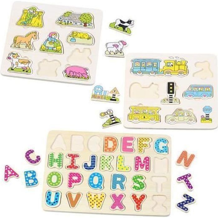 Lot de 3 puzzles en bois pour enfants - PLAYTASTIC - Animaux - Moins de 100 pièces