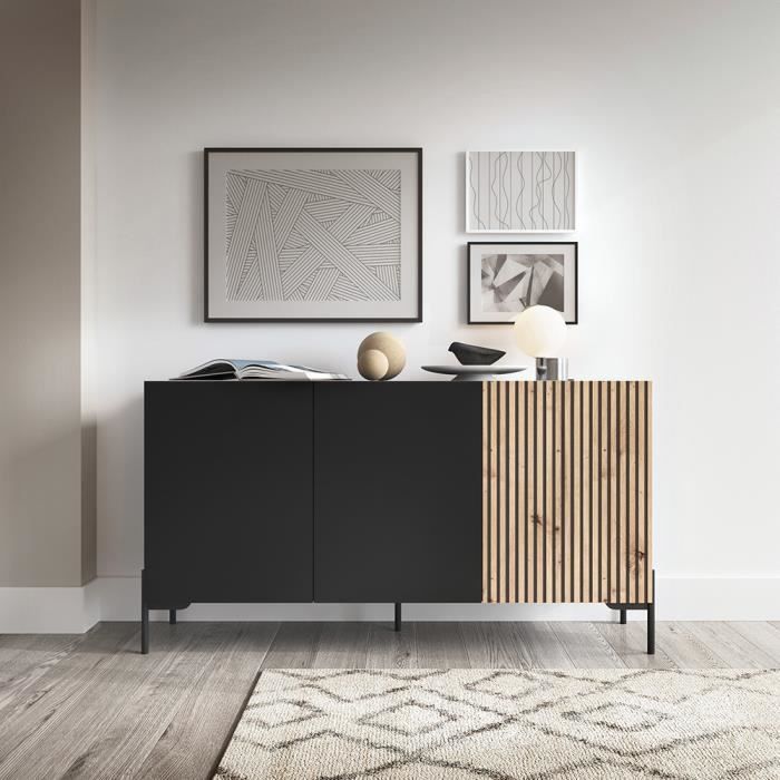 commode à trois portes - lammelo - 140 cm - noir-lattes de chêne