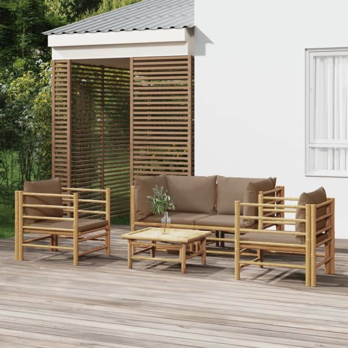 vidaXL Salon de jardin 5 pièces avec coussins Bambou - vue 3