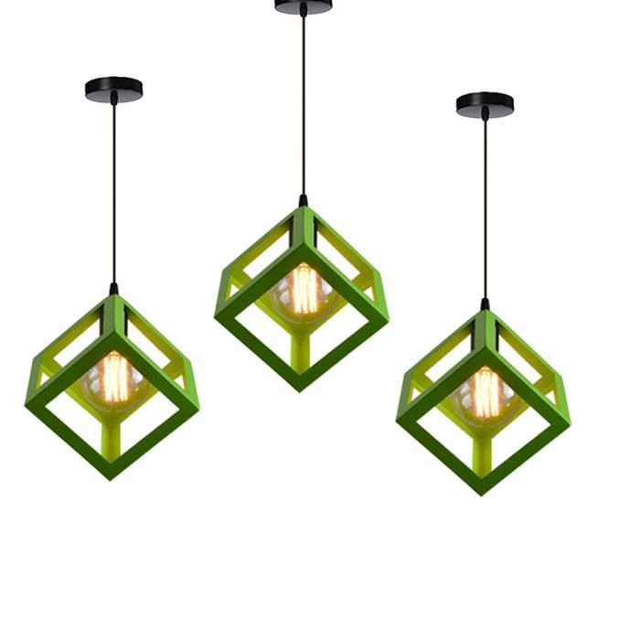 Suspension Luminaire Industrielle E27 Retro Lustre Abat-jour Cube Carre Luminaire Metal Vert - WOTTES - UNI