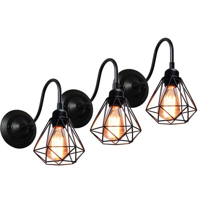 UNI 3PCS Applique Murale Intérieur Vintage Industrielle Luminaire Eclairage Noir Cage Diamant en Métal Noir