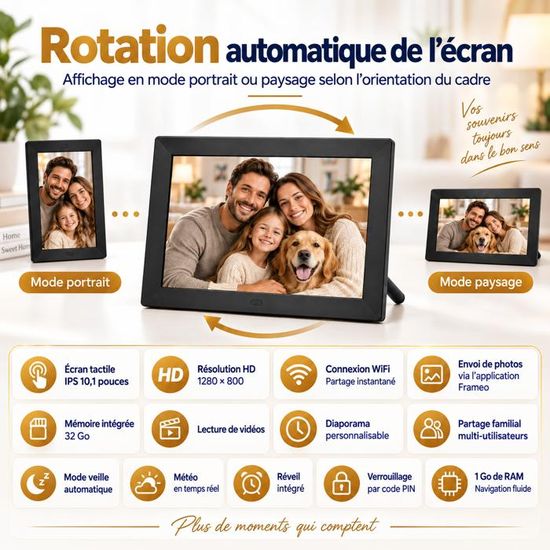 Cadre Photo Numérique WiFi 10,1 IPS Tactile HD 32Go Rotation Auto
