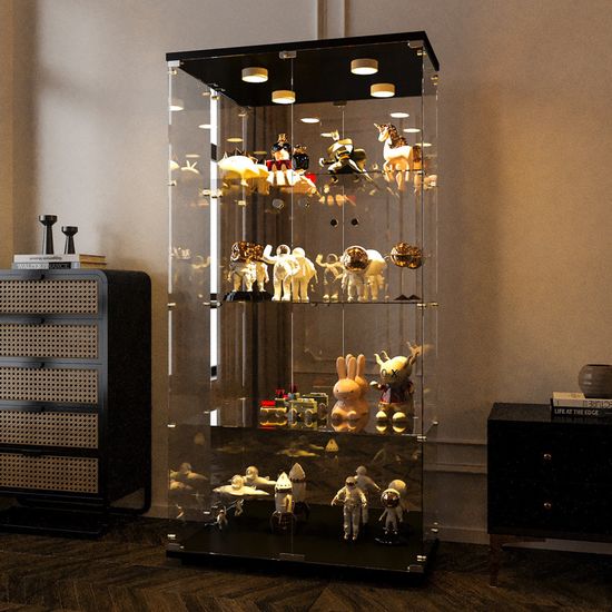 Vitrine En Verre Sur Pied Avec éclairage LED Et Roues - 163x78.5x35 Cm - Verre Trempé 5 Mm, 4 étagères, Serrure - Pour Collection, Livres, Vin (Blanc/Noir) - 8