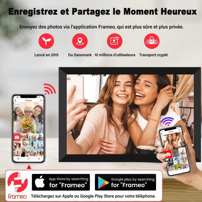 WiFi Cadre Photo Numérique 10.1 Pouces, Écran Tactile 1920x1080P Cadre Photo électronique Avec 16 Go De Mémoire, Partage Instantané De Photos Et De Vidéos Via APP, Rotation Automatique