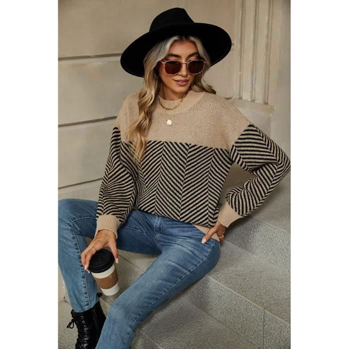 Pull Femme Col Rond Manches Longues Rayé – Pull Oversize Tricoté Confortable Automne Hiver – Basique Rayures Élégant Et Tendance