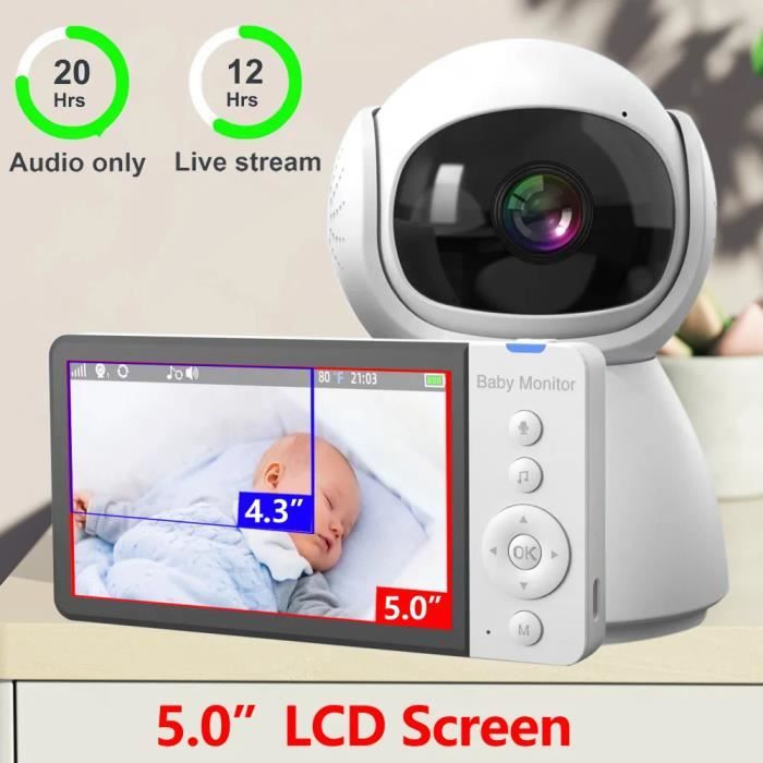 Moniteur vidéo sans fil 5,0 pouces pour bébé avec batterie 5000 mAh, écran  IPS, écran LCD, avec caméra Nanny PTZ, audio bidirectionnel, vision  nocturne IR, mode VOX, température de berceuse, enregistrement sur