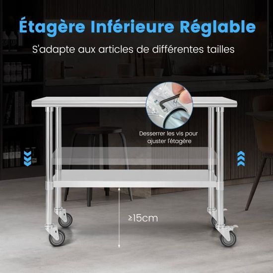 Table De Travail Inox 2 étages – 60x60x85 Cm, Roulettes, Charge 300 Kg, Pour Cuisine Pro - 12