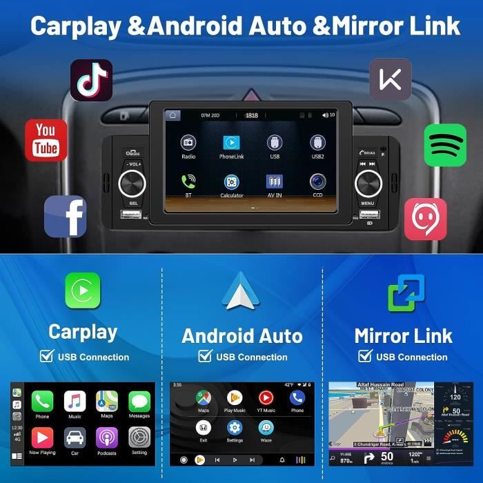 Hikity Autoradio 1DIN Apple Carplay Android Auto avec 5 Ecran Tactile  Autoradio Bluetotoh Lien Miroir Dual USB FM AUX SD MIC - Cdiscount Auto