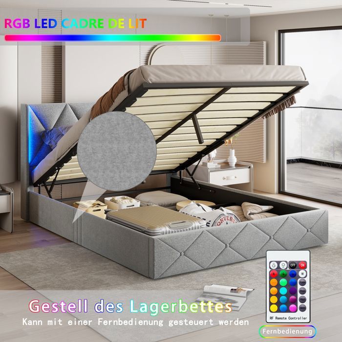 Lit Coffre 160x200 Cm Avec Sommier, Lit Rembourré Avec LED Lit Adulte En Velours Lit Capitonné Lit Double Lit De Rangement , Beige - Maison