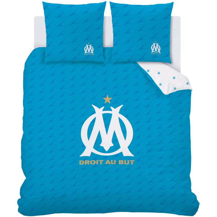Om Olympiques DE Marseille Parure de Lit 220x240 cm | Housse de Couette 1 ou 2 Personnes 220x240 cm + 2 Taies d'oreiller 63x63 cm Imprimées Reversibles | 100% Coton | Oeko-TEX