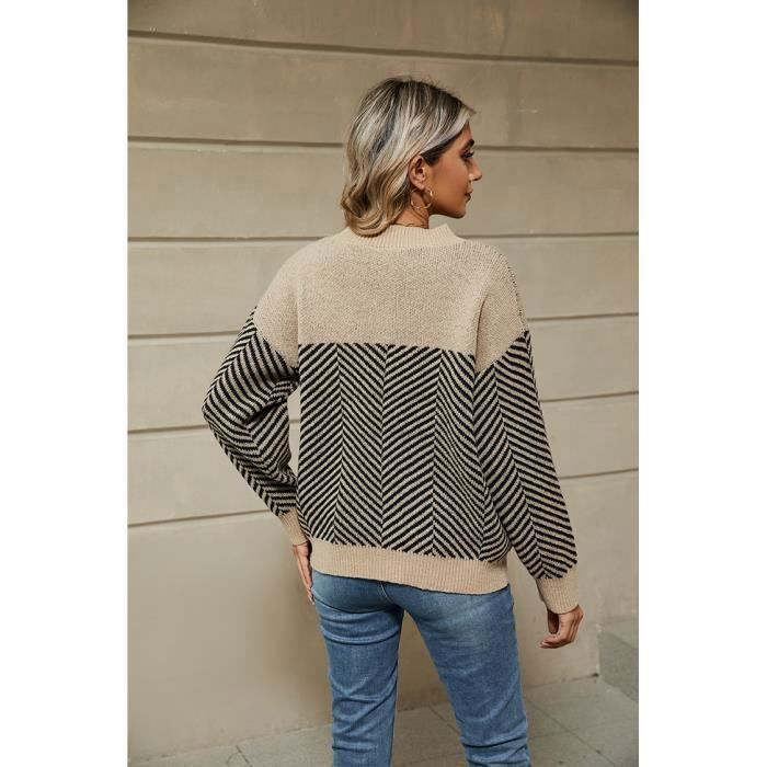Pull à col rond à rayures pour femme - Couleur bloc - Manches longues - Pull en tricot, café, S