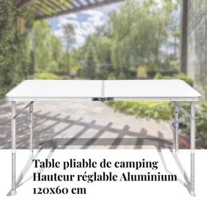 TABLE ET CHAISES CAMPING HOP Matériel de camping Table pliable de camping Hauteur réglable Aluminium 120 x 60 x 70/62/55 cm Blanc
