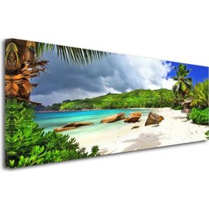 Tableau sur toile Valise pleine ouverture sur fond de plage tropicale 