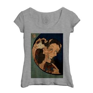 T-SHIRT T-shirt Femme Col Echancré Gris Hokusai Art Japonais Peinture Demon Beaux Arts