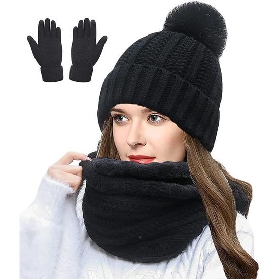 Bonnet Noir Tricoté Femme - 100% Polyester, Chaud, Style Décontracté
