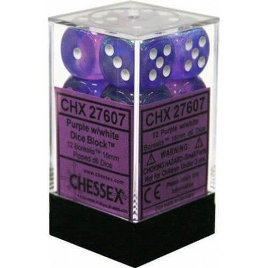 Chessex Borealis 16mm D6 Purple/White Luminary Dice Block (12 dice)