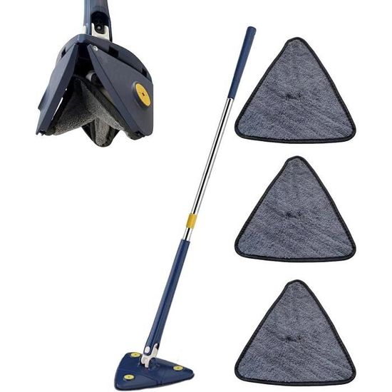 Serpillère Triangulaire Rotative 360° - Avec 6 Chiffons Microfibre - Pour Sols, Fenêtres, Murs - Manche Télescopique