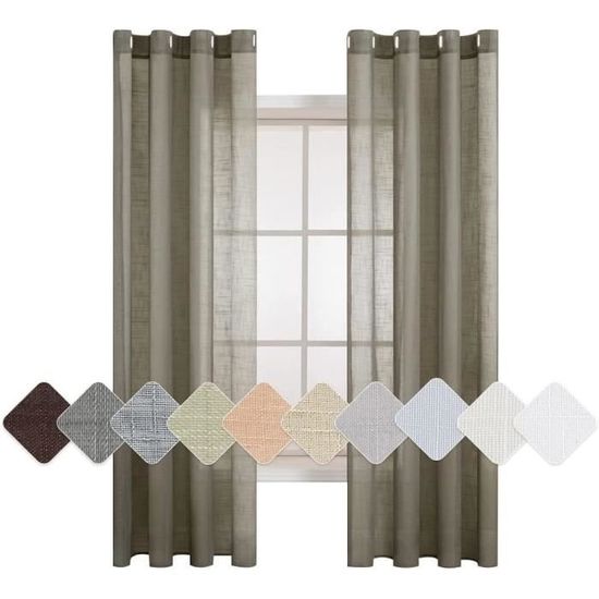 Lot De 2 Voilages Lin Imitation 140x245cm Bleu - Rideaux Transparents œillets Déco Vintage