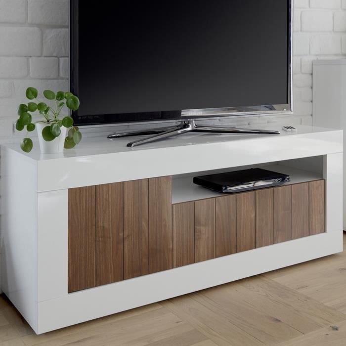 Meuble tv 140 cm marron et blanc laqué moderne, 3 portes URBAN 4 Blanc