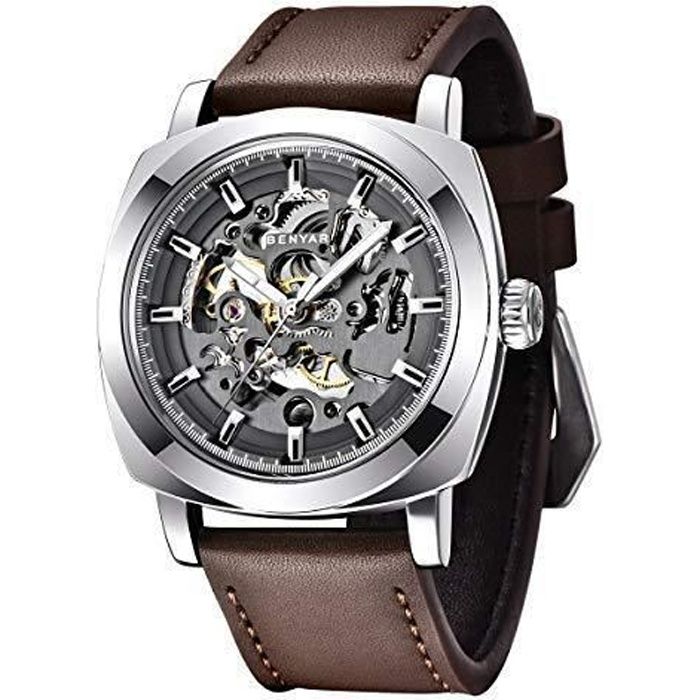BENYAR Montre Automatique Homme Mécanique |Bracelet en Cuir | Mouvement Doré | Cadran Squelette de 45 mm | Résistant à leau et
