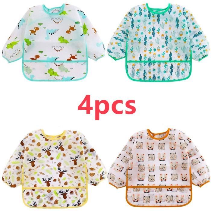 Bavoir Imperméable à Manches,Longues Tablier Bebe pour Alimentation,Bébé Bavoirs Imperméable,pour Les Enfants de 2 à 4 Ans,4pcs