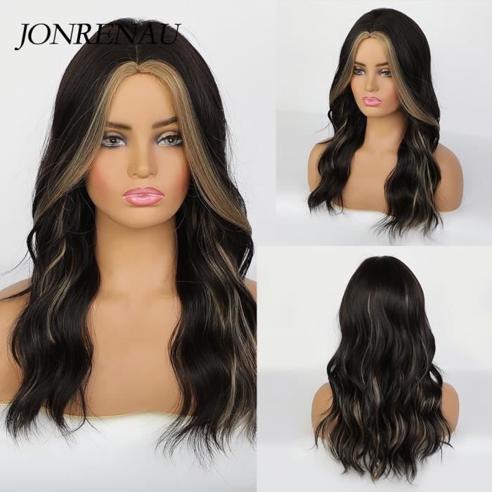 lc279-6 -JONRENAU perruque naturelle ondulée noire brune à Middle Part avec reflets, perruque synthétique naturelle style fête Cosp