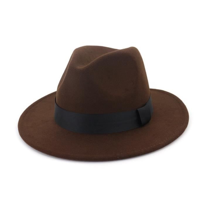coffee 56to58cm -QBHAT – chapeaux Fedora en laine pour hommes et femmes, à bord plat, décoration en ruban noir, tout simplement unis