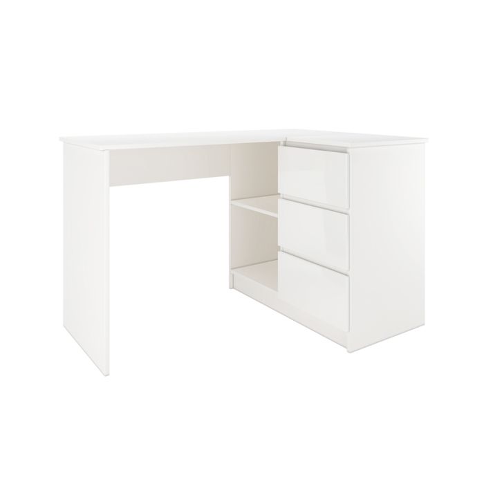 SUNDAR - Bureau informatique d'angle moderne 124x85x77 - 3 tiroirs + 2 grandes niches - Blanc-Laqué