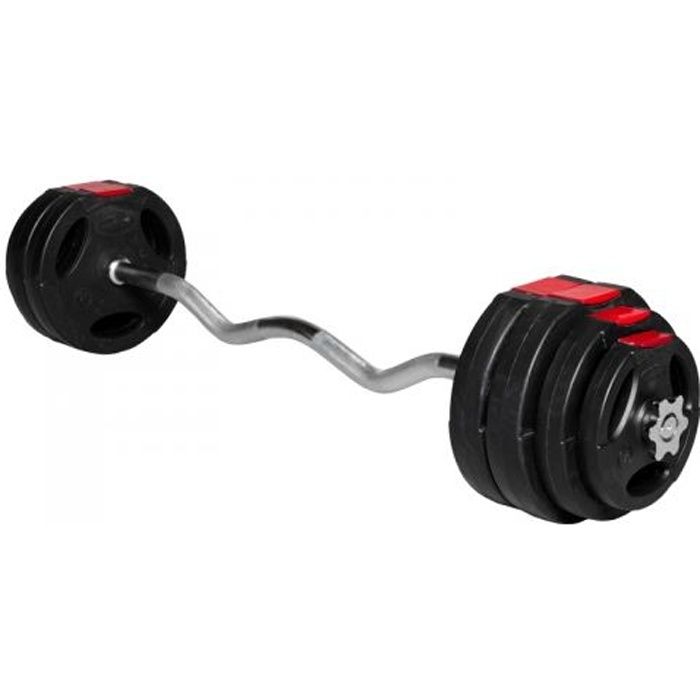Set d'haltères 25,5 Kg (disques plastique à poignées + barre Curl)