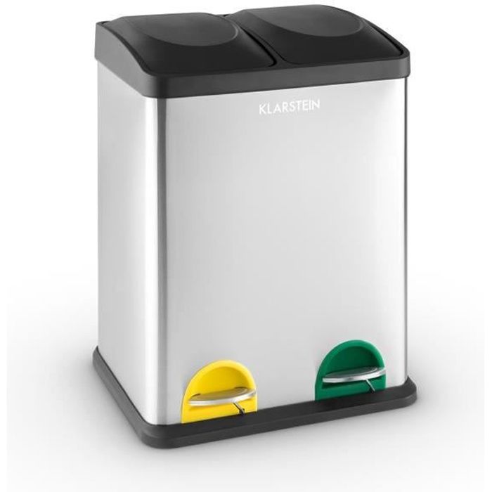 Klarstein Ökosystem - Poubelle de cuisine à pédale en acier inox avec 2 compartiments de 18L pour le tri selectif