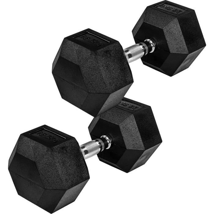 Movit® haltère hexagonal, Dumbbells en fonte avec revêtement caoutchouc, 2x22,5 kg, barre chromée, moletée et antidérapante