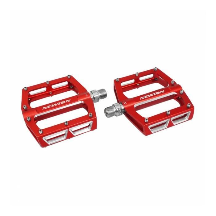 Pedale bmx-vtt descente newton rouge a roulements alu cnc filetage 9-16 avec picots argent (paire)