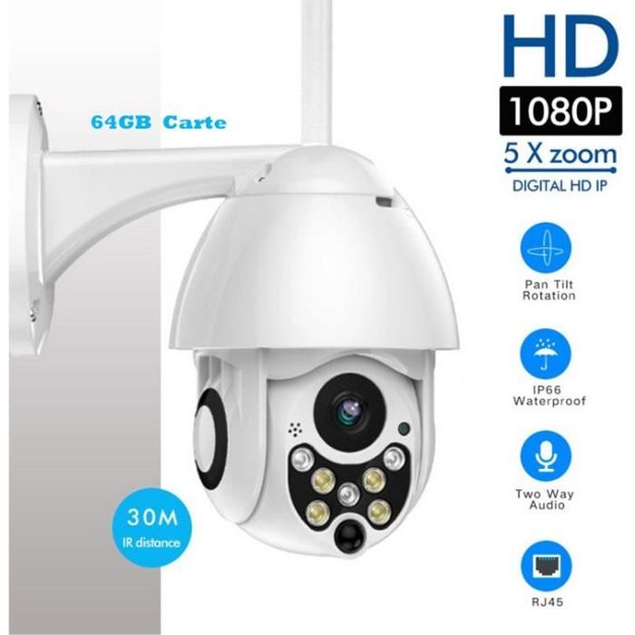 Caméra IP Wifi Sans Fil 1080P Couleur PTZ Extérieure étanche Vision nocturne 2MP IR Surveillance Avec 64GB Mémoire Carte