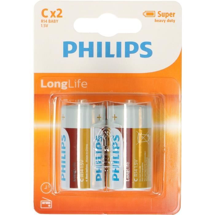 PHILIPS Piles R14 / C Longlife - 1,5 V - Pack de 2