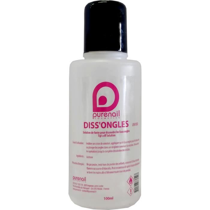 Diss'ongles Pure Acétone 100 ml dissout les faux ongles, les gels Uv et les vernis pPurenail