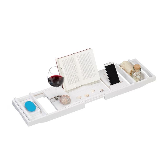 Relaxdays Pont baignoire bambou tablette bain extensible salle de bain plateau baignoire planche livre 75-109 cm, blanc