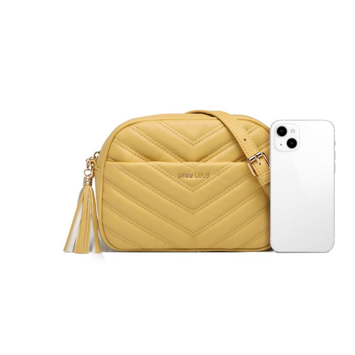 Miss Lulu Sac à Main Femme Petit Sac Bandoulière Femme en Cuir Synthétique Texture Tressée en Forme de V Sac à Bandoulière Jaune