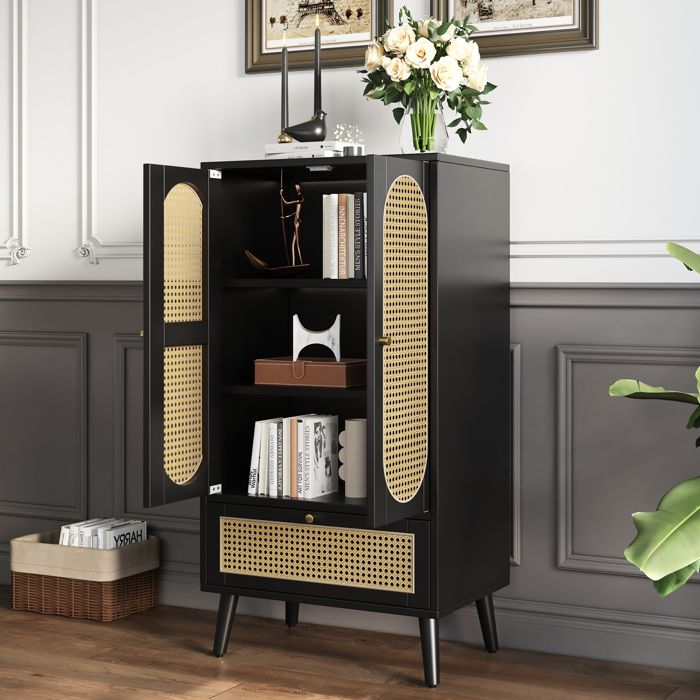 MODERNLUXE Buffet haut - avec 6 compartiments - porte en verre - style campagnard - pieds en bois massif - Naturel