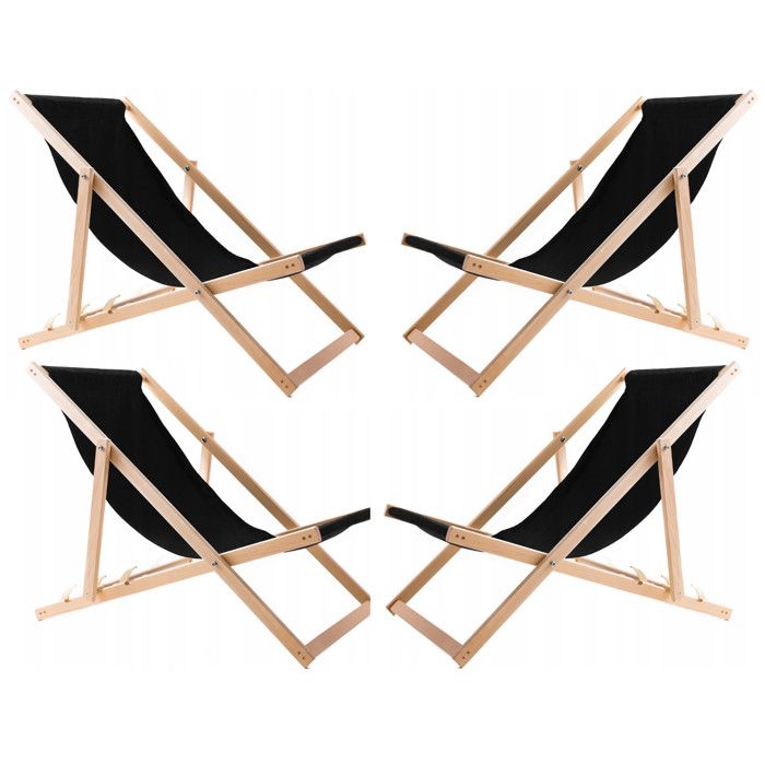 Lot de 4 chaises longues en bois de hêtre WOODOK confortables idéales pour la plage le balcon la terrasse couleur noire