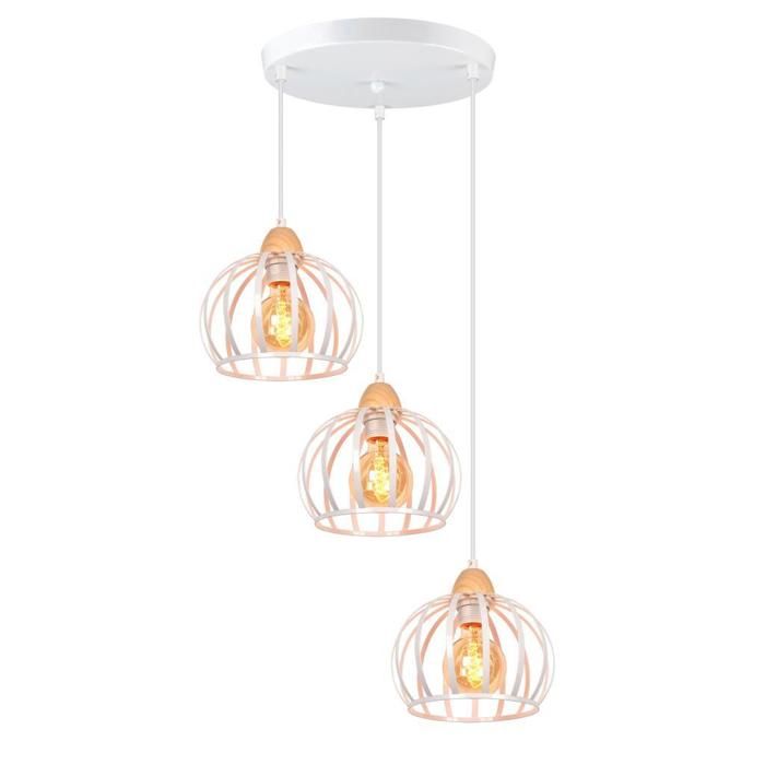 Lustre Suspension - iDEGU - Vintage - Métal et Bois - E27 - 3 Ampoules - Design Industriel