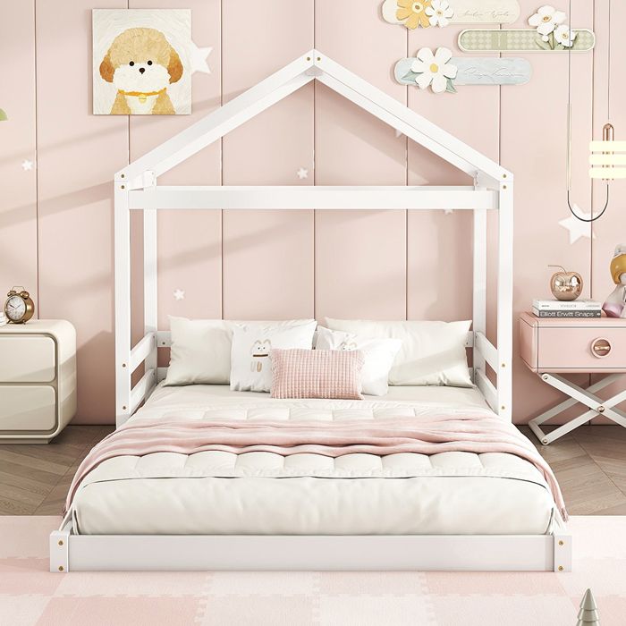 Lit cabane 140 x 200 cm - en forme de maison avec sommier à lattes - SWEIKO - Pin - Blanc Lit cabane 140 x 200 cm - en forme de maison avec sommier à lattes - SWEIKO - Pin - Blanc