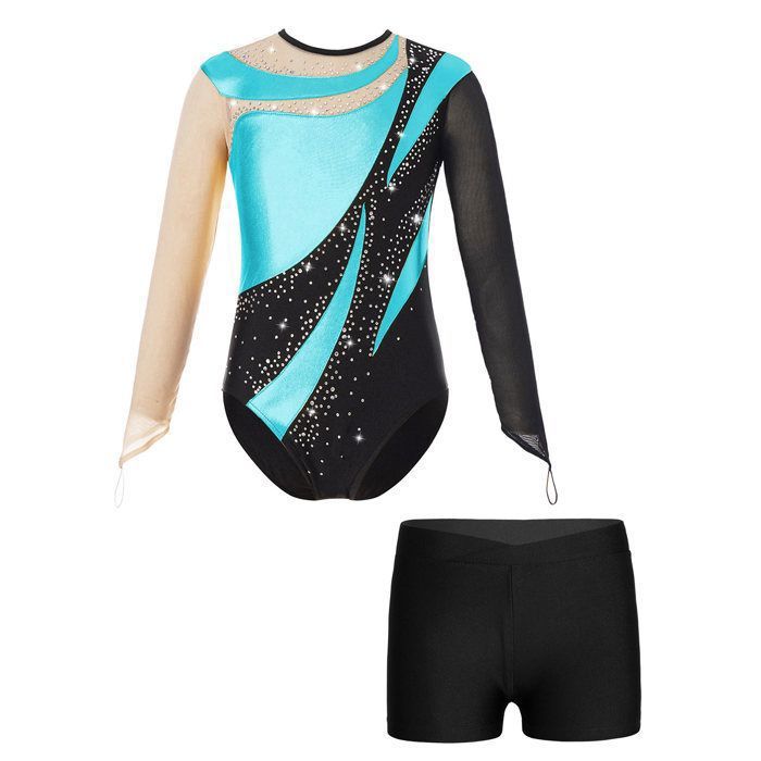 Runhomal Justaucorps Gymnastique Fille Manches Longues + Short Métallique Brillant - 5-14 Ans - Danse Patinage Ballet