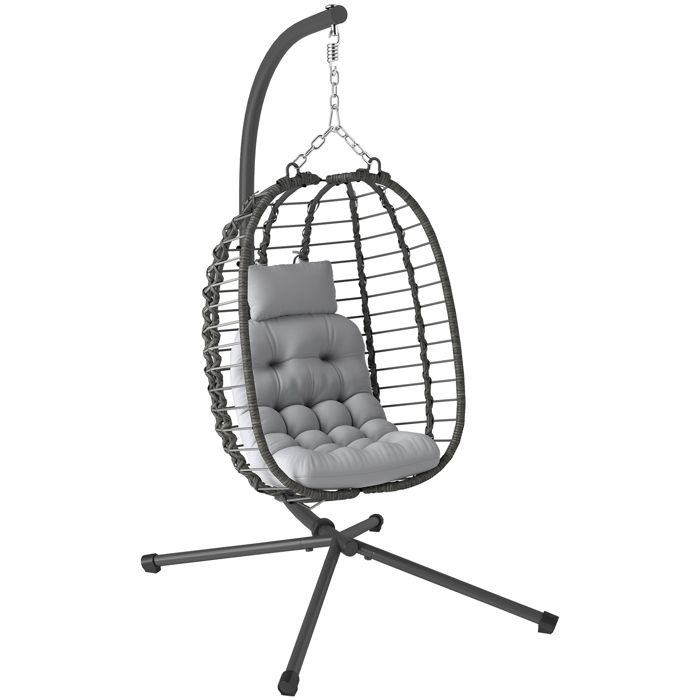 Fauteuil suspendu - Outsunny - pliable - en résine tressée - support coussin et oreiller hauteur réglable - gris Fauteuil suspendu - Outsunny - pliable - en résine tressée - support coussin et oreiller hauteur réglable - gris