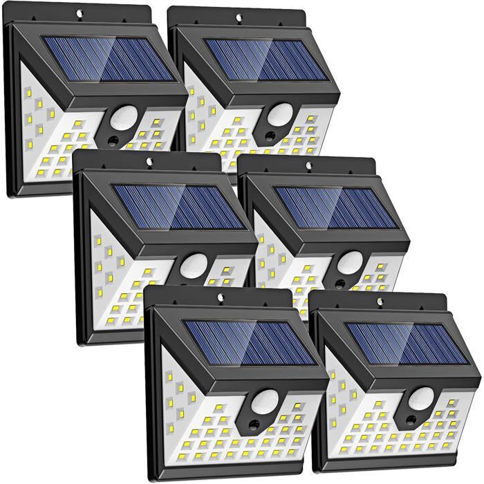 Lot de 6 lampes solaires extérieures 102 LED avec détecteur PIR 3 modes batterie 2000 mAh étanches - noir