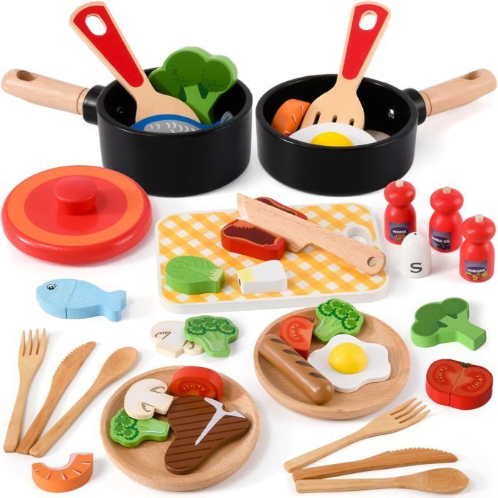 Kit Cuisine Enfant CONDIS – 22 Pièces – Ustensiles, Légumes En Bois, Tablier Et Toque – Dès 3 Ans