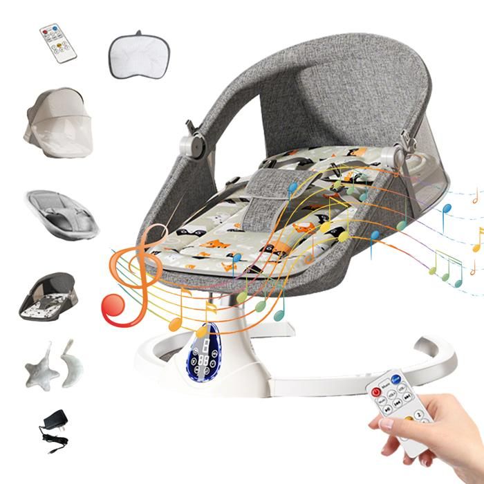 Balancelle Bébé Électrique avec Balançoire à 5 vitesses - Minuterie - Télécommande - Harnais sécurité cinq points - 0-24 mois -Gris